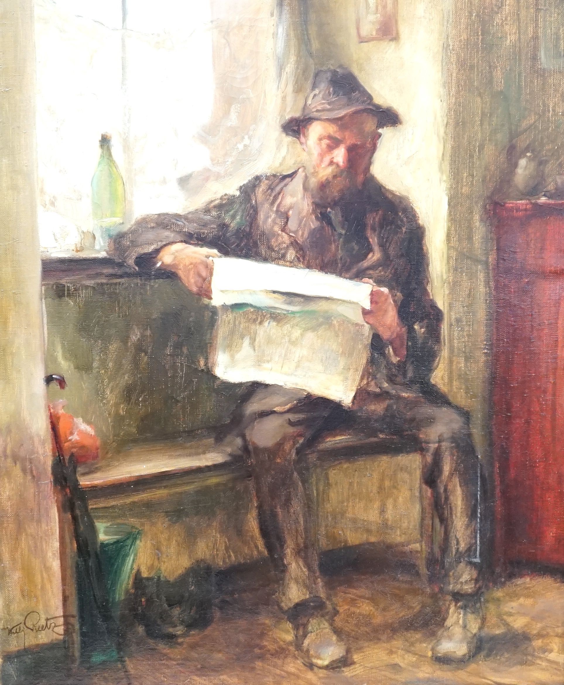 Willy Reetz (German, 1892-1963) oil on canvas, Reading the news, signed, 60 cm X 50 cm